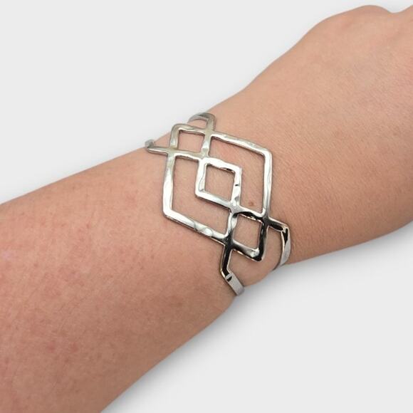 Silver Diamond Pattern Cuff – Southwestern Modernist Style Bracelet - Picture 2 of 10